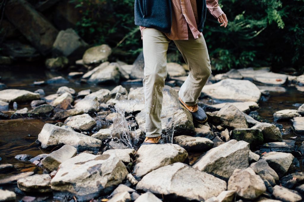 Legs of a Hiker on a Woodland Stream